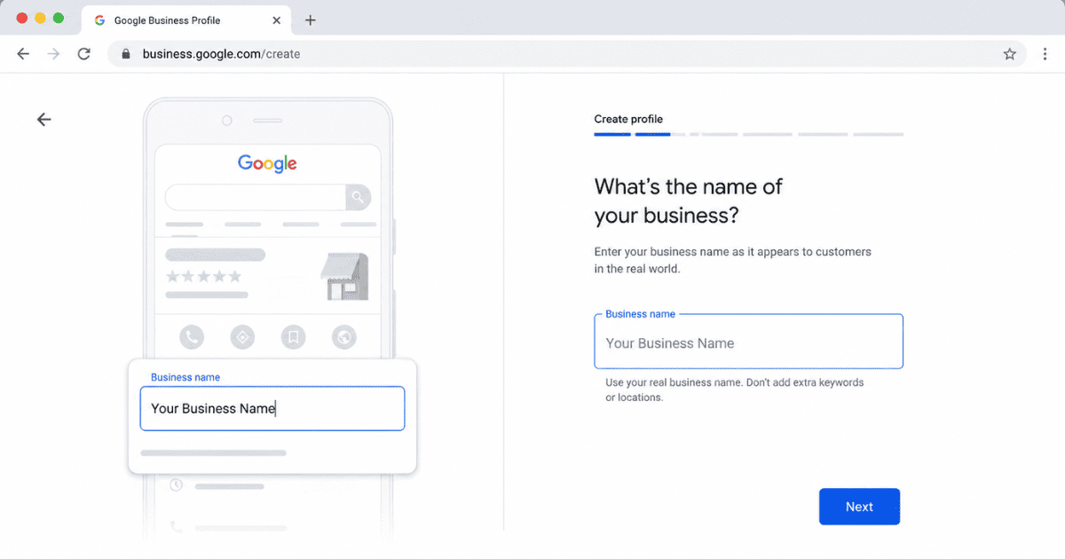 Business Name Setup Field Business name input field during Google Business Profile setup