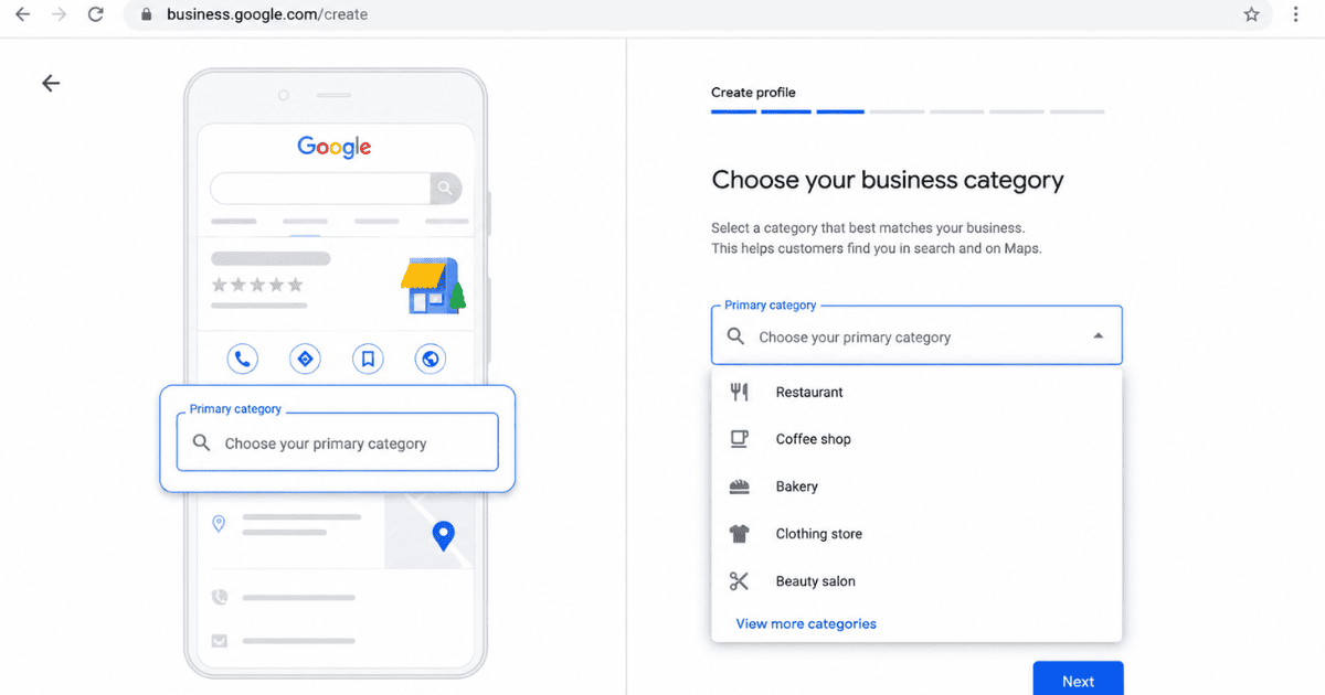 Google Business Category Selection Dropdown menu for selecting a primary business category on Google