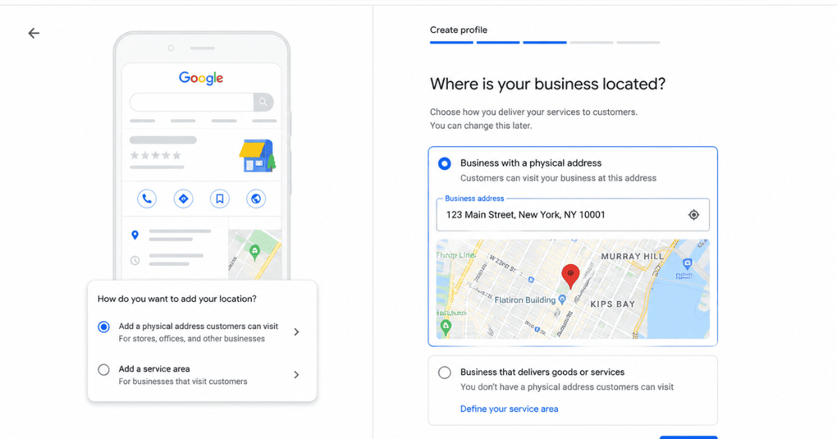 Business Location and Service Area Setup Map screen for setting business location or service area on Google