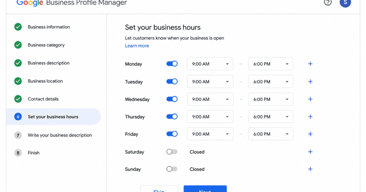 Business Hours Setup Screen Setting regular and holiday business hours on Google Business Profile