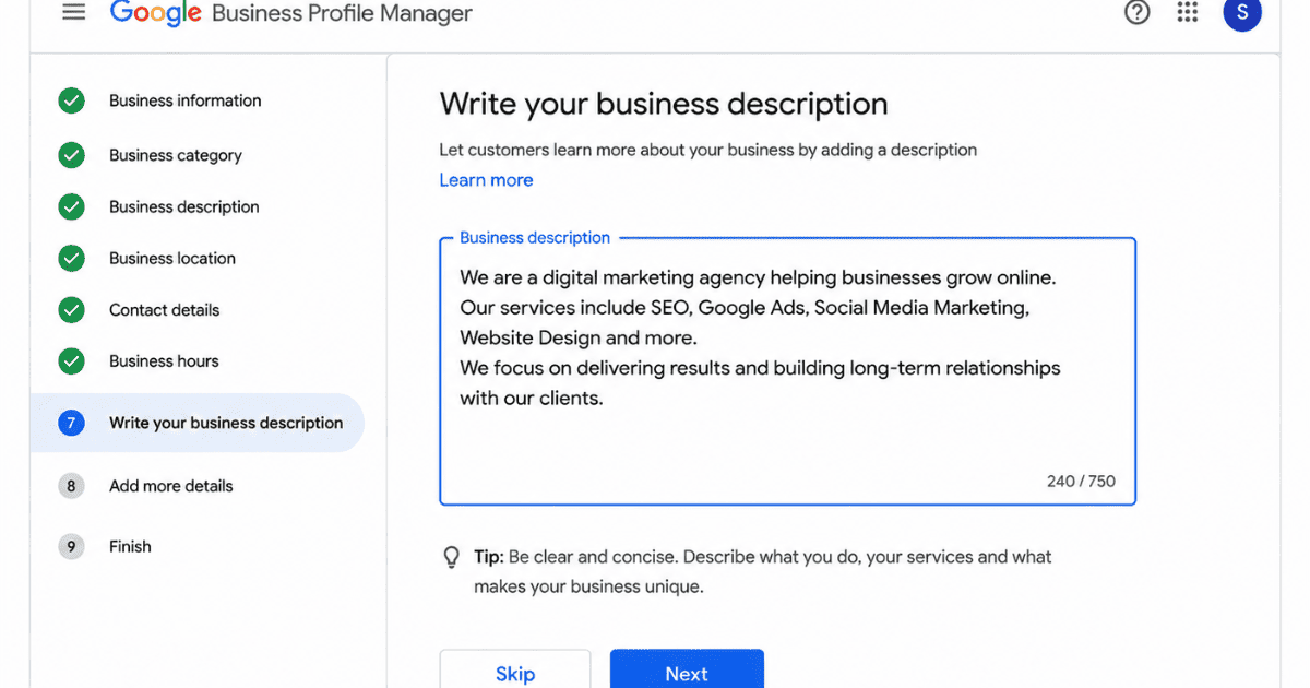 Business Description Input Field Text field for writing a business description on Google Business Profile