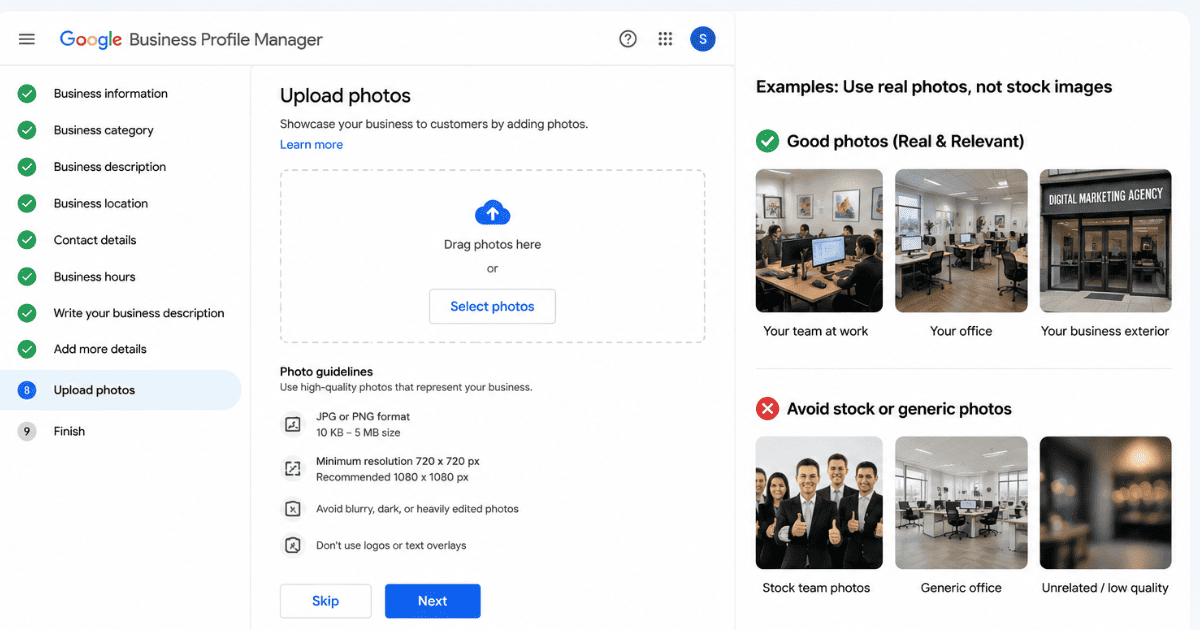 Photo Upload Interface Uploading logo and cover photos to a Google Business Profile