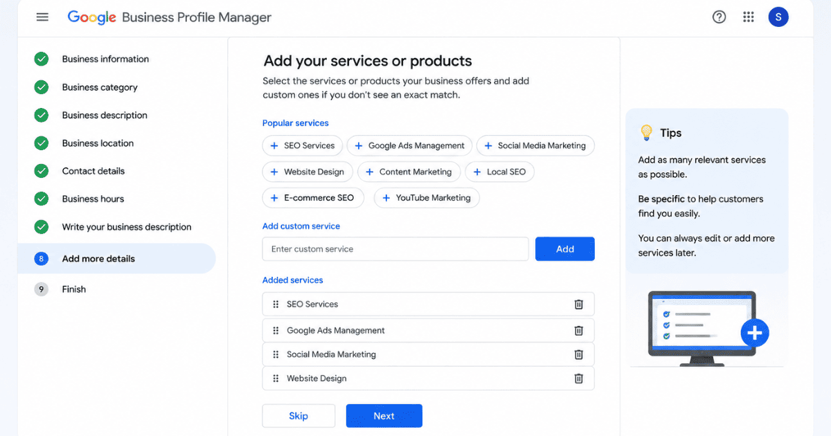 Services and Products Tab Adding services and products to a Google Business Profile