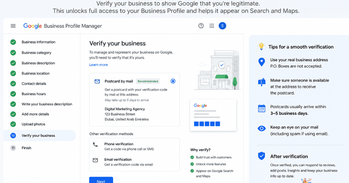 Business Verification Options Screen showing postcard, phone, and video verification options on Google