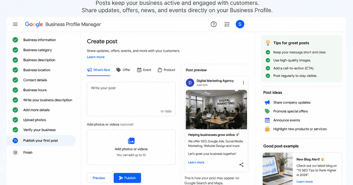 Google Business Post Creation Creating a welcome post on a new Google Business Profile